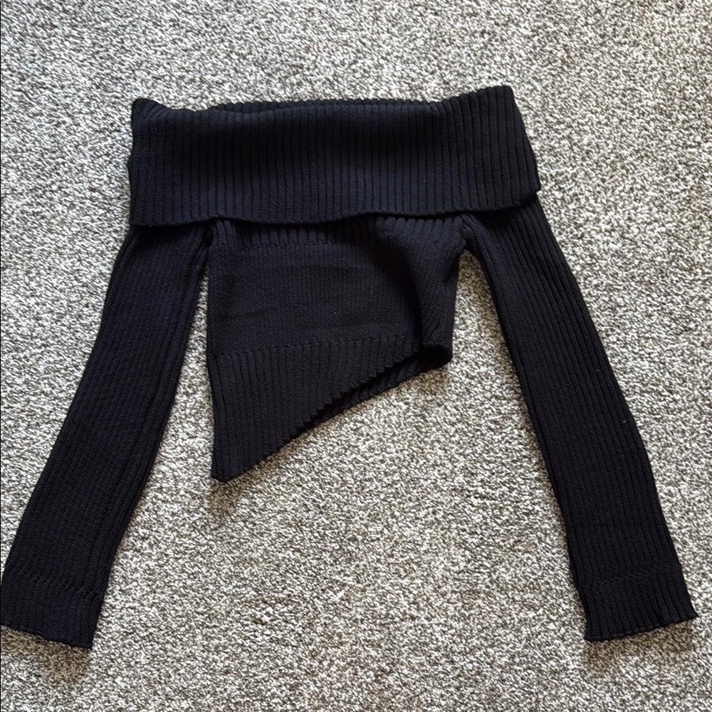 Black Off-Shoulder Ribbed Asymmetrical Sweater
